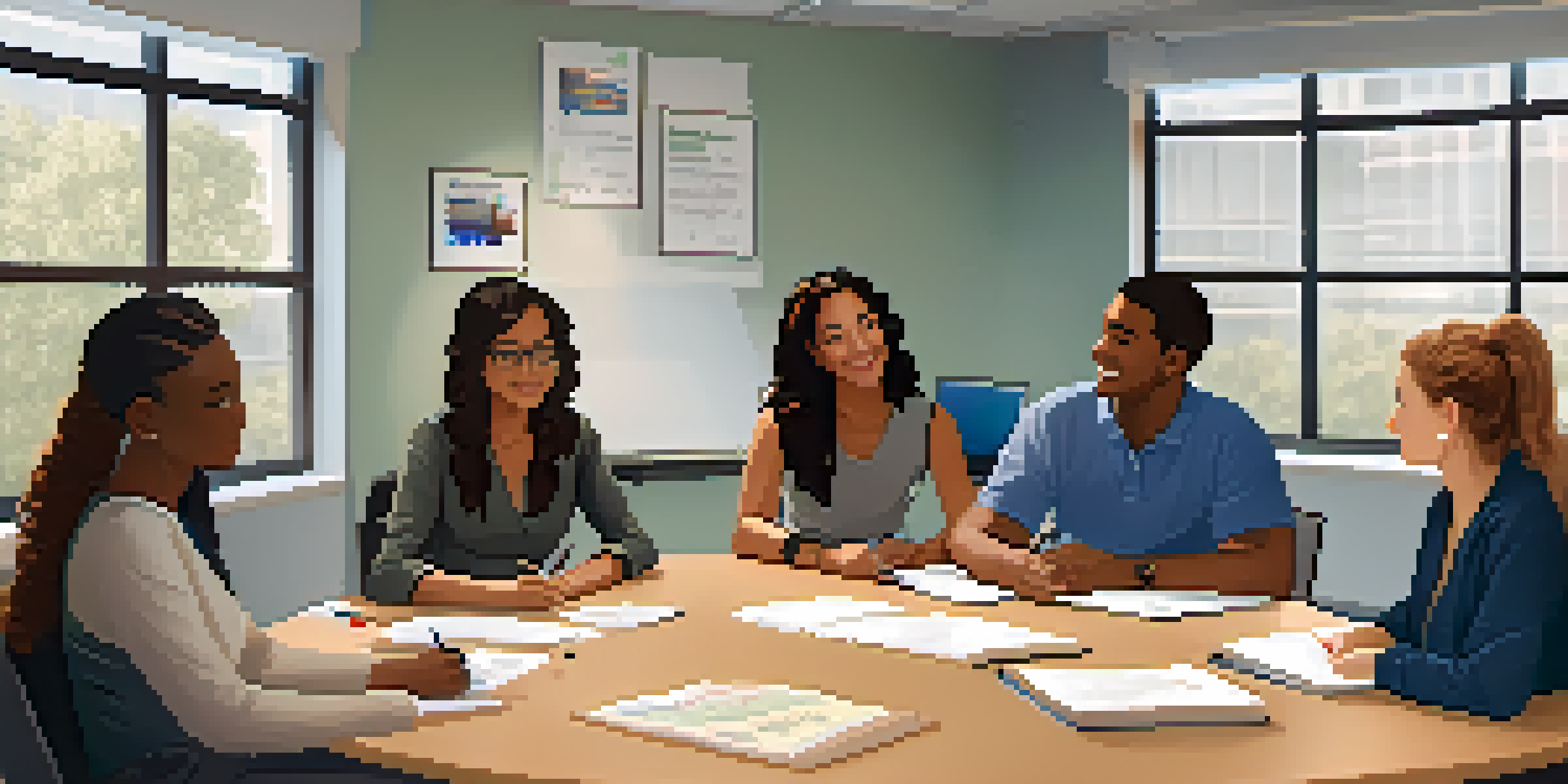 An office space with professionals participating in a crisis intervention training session, sitting around a round table with natural light coming through the windows.