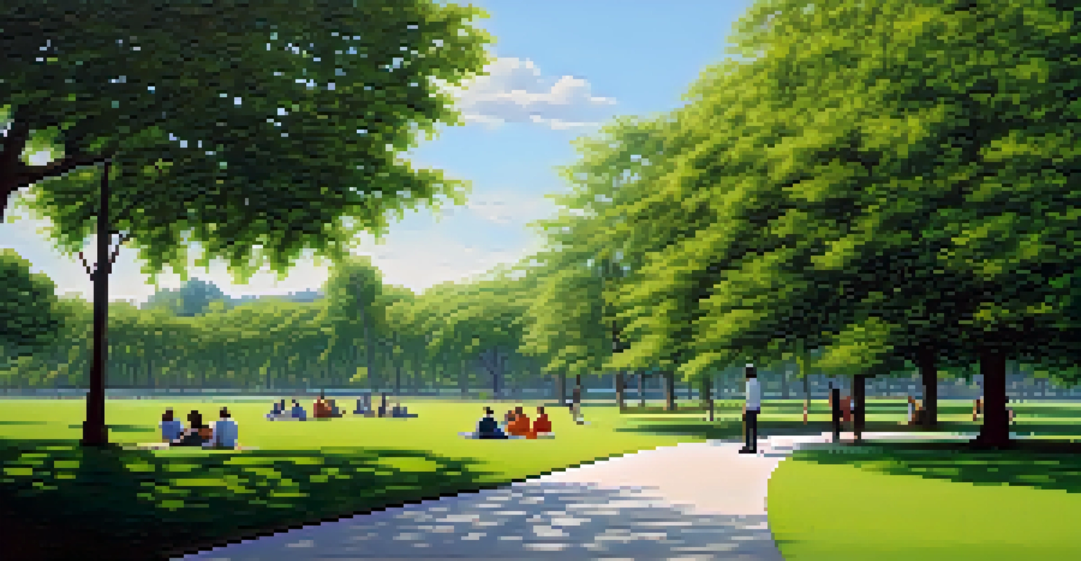 A person in a park taking deep breaths, surrounded by greenery and a clear sky, reflecting calmness and mindfulness.