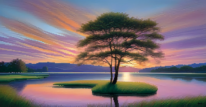 A serene sunset over a calm lake with pastel colors reflecting on the water, surrounded by green grass and a lone tree.