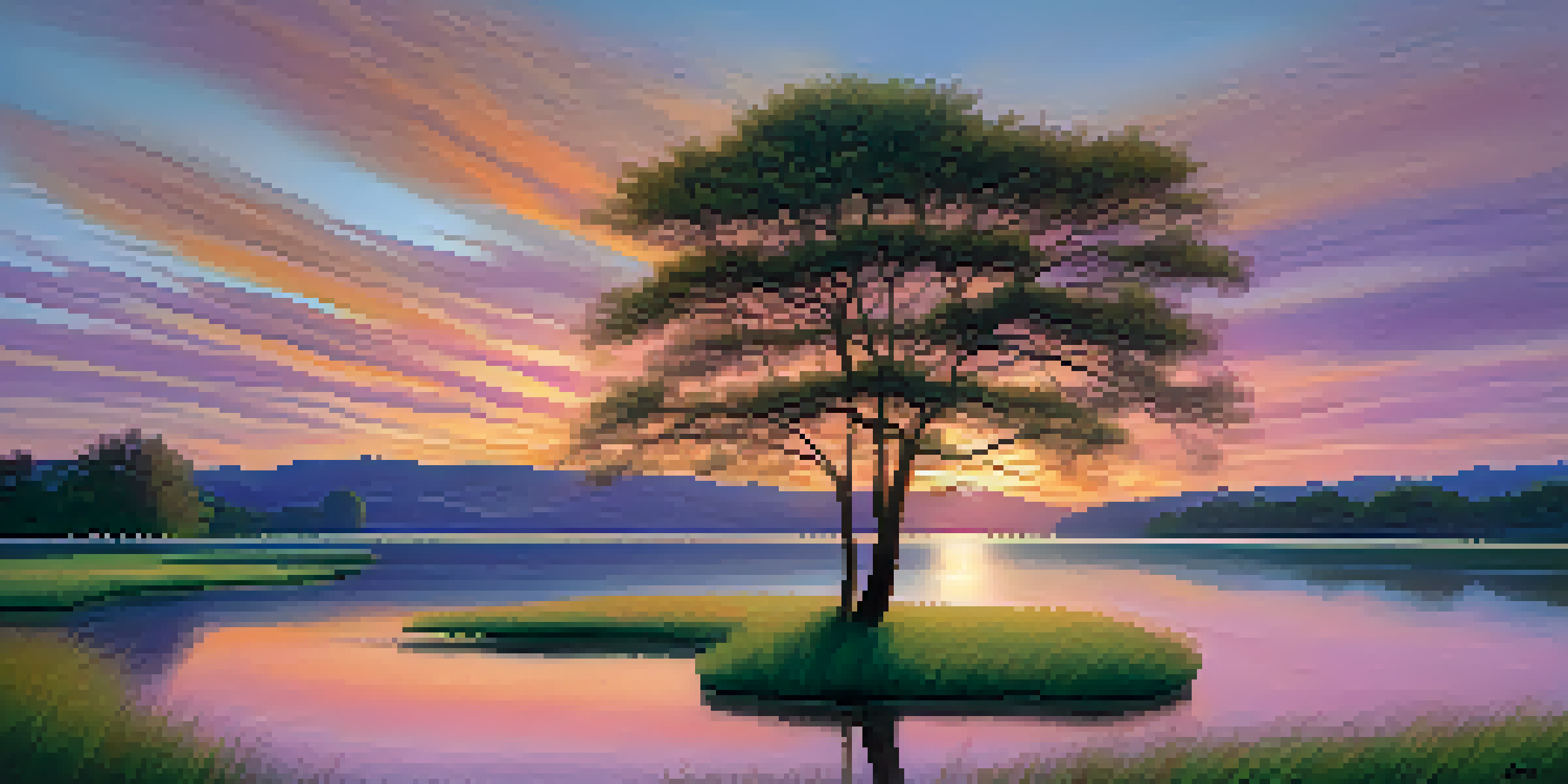 A serene sunset over a calm lake with pastel colors reflecting on the water, surrounded by green grass and a lone tree.