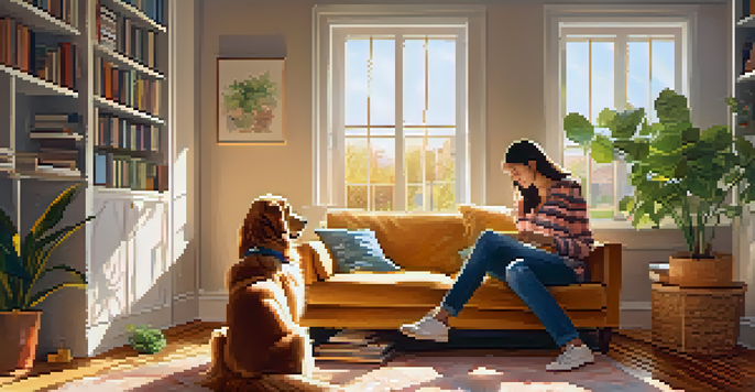 A person on a sofa petting a golden retriever in a sunlit living room filled with plants and books.