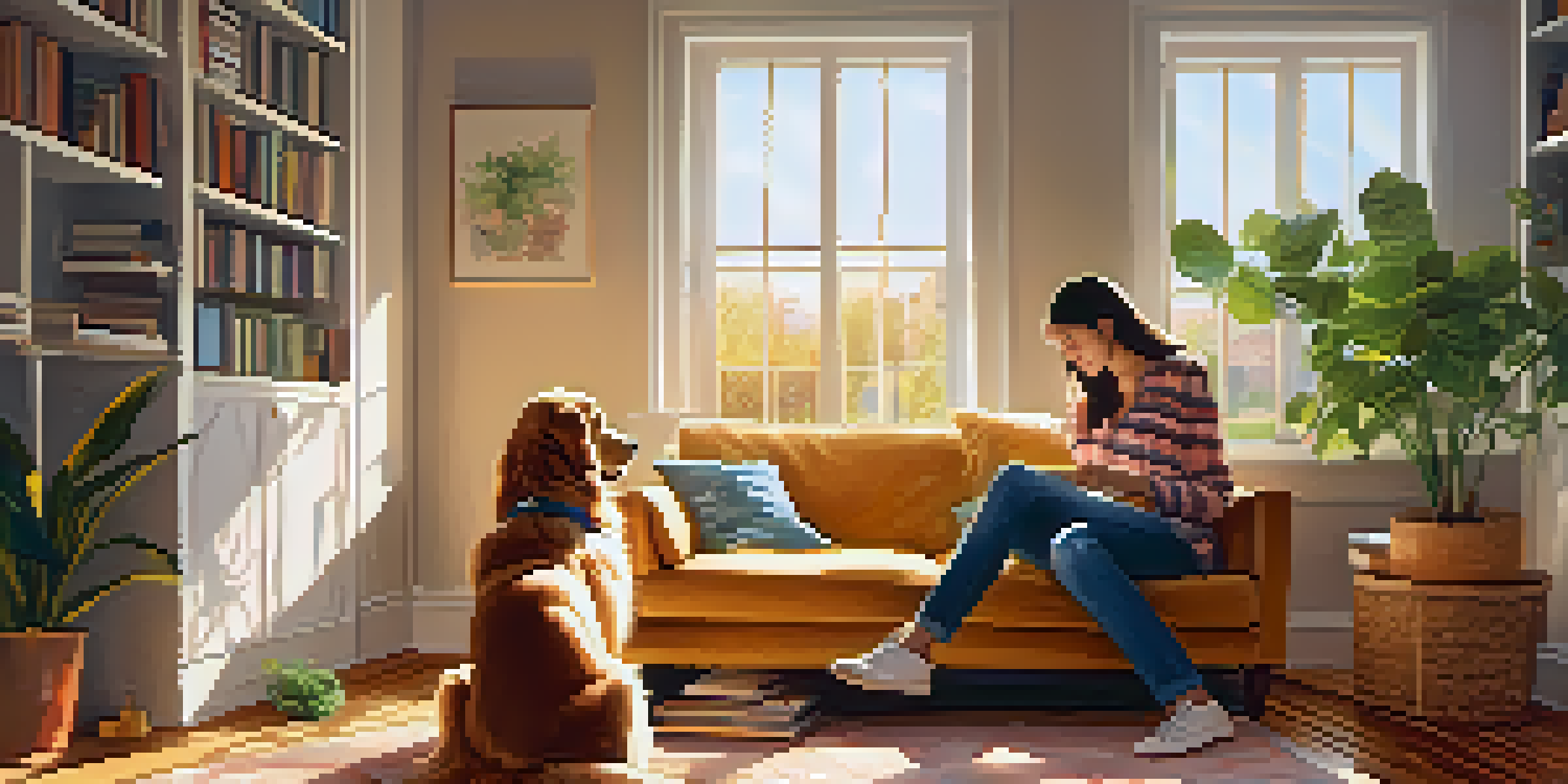 A person on a sofa petting a golden retriever in a sunlit living room filled with plants and books.
