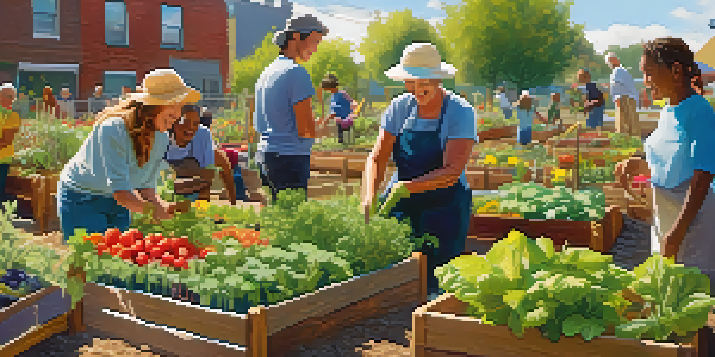 A diverse group of people working in a colorful community garden, planting seedlings and enjoying their time together under a sunny blue sky.