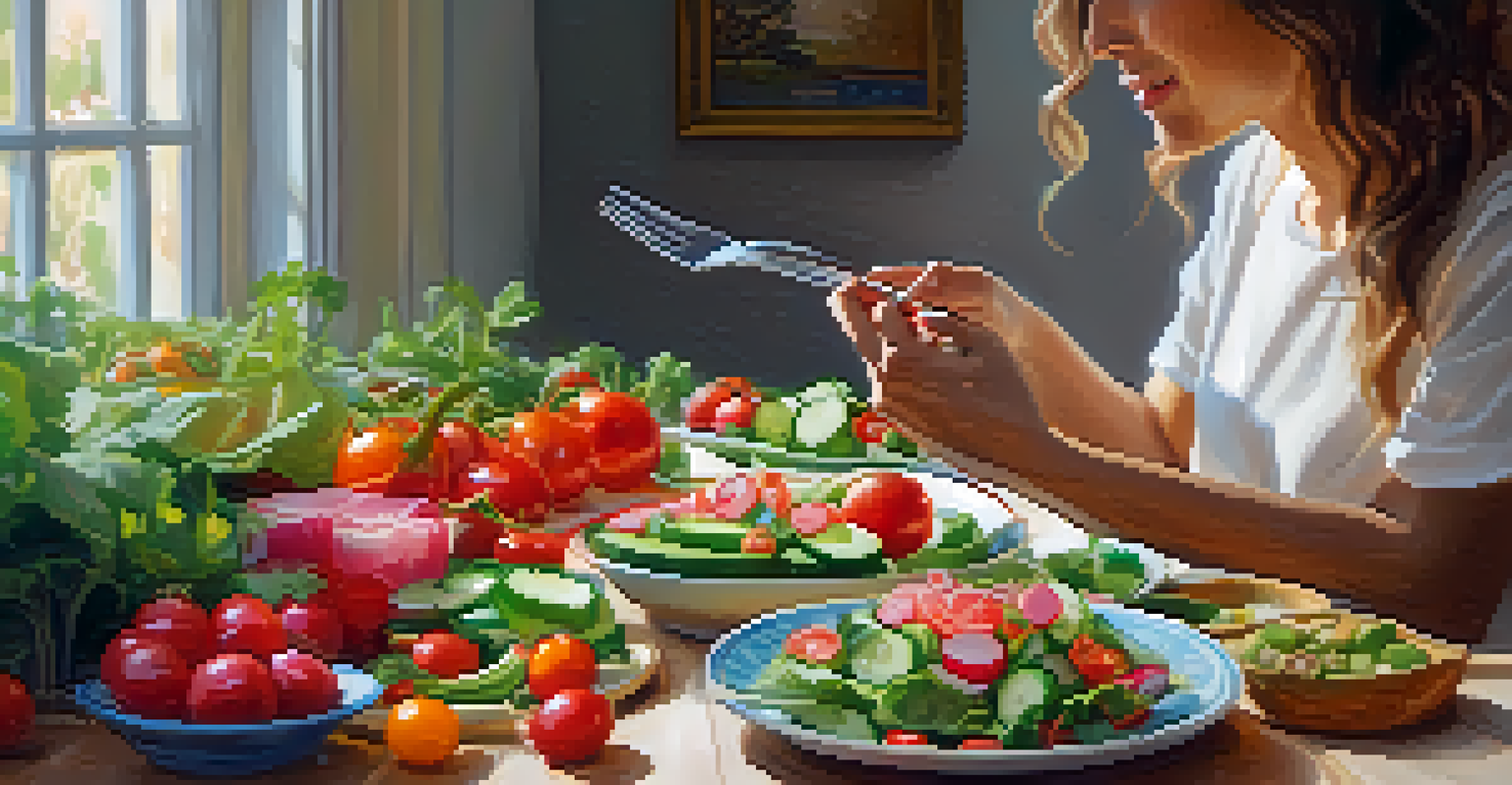 A person engaged in mindful eating, enjoying a colorful salad at a table, with fresh ingredients and an atmosphere of tranquility.
