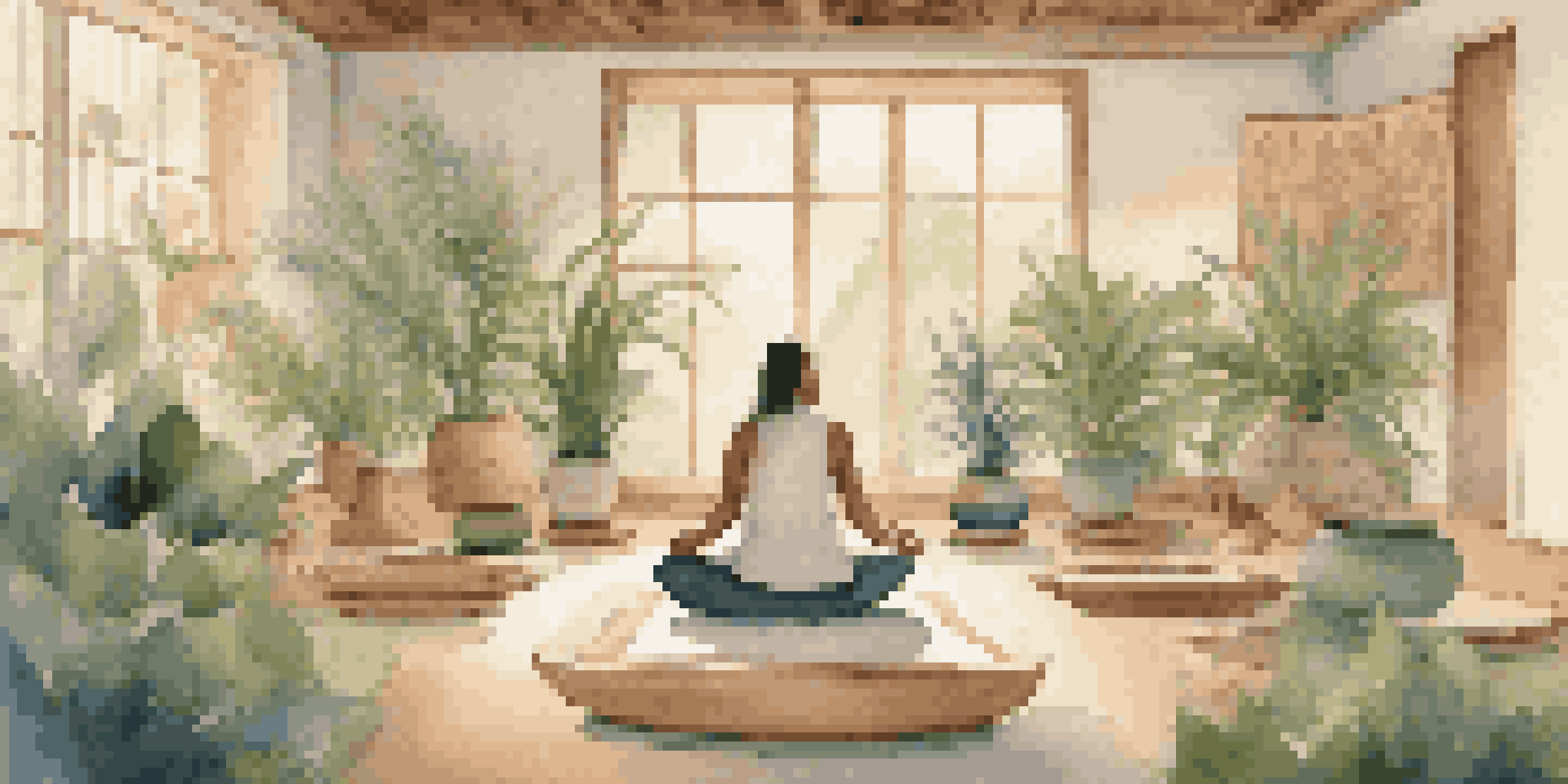 A person meditating in a tranquil room surrounded by singing bowls and plants, illustrating a sound therapy session.