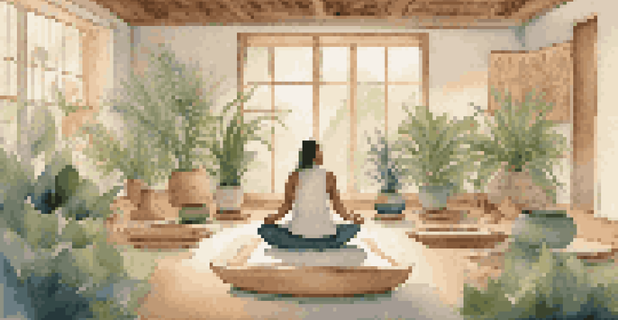 A person meditating in a tranquil room surrounded by singing bowls and plants, illustrating a sound therapy session.