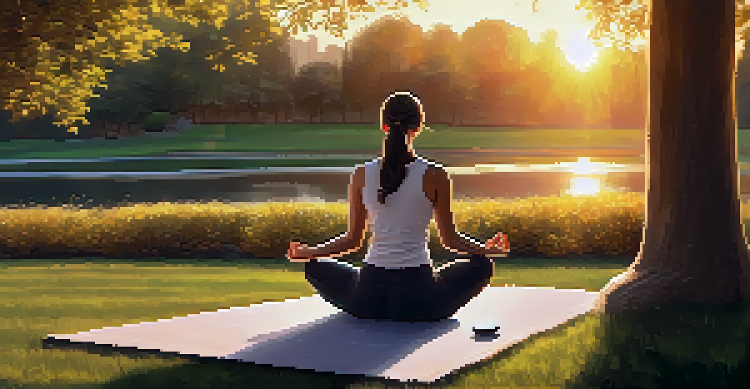 A person doing yoga in a park at sunset with a smartphone showing a teletherapy app on a bench.