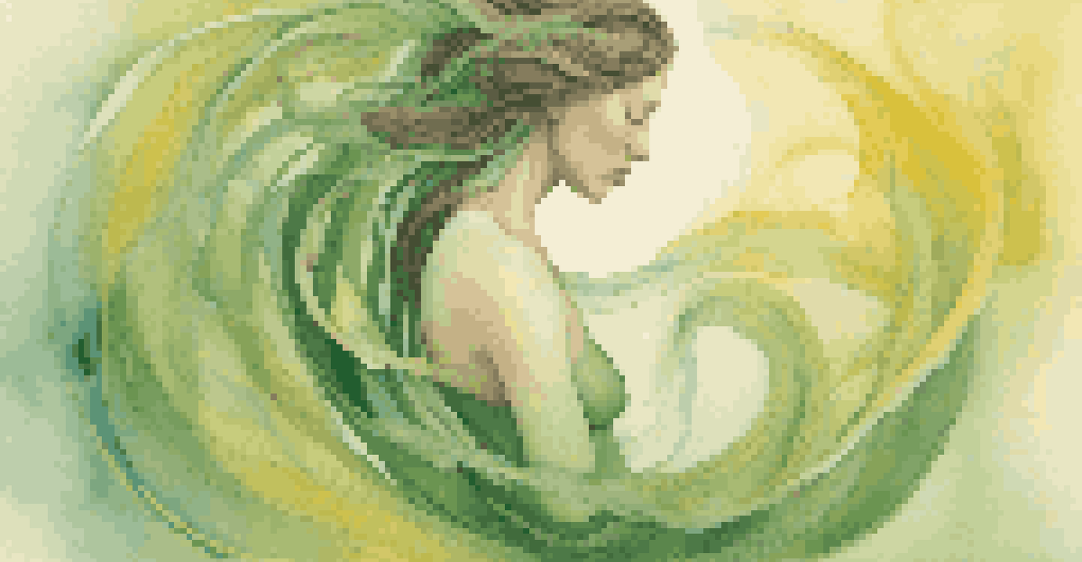 Artistic representation of hormonal balance with swirling ribbons of estrogen and progesterone around a serene figure.