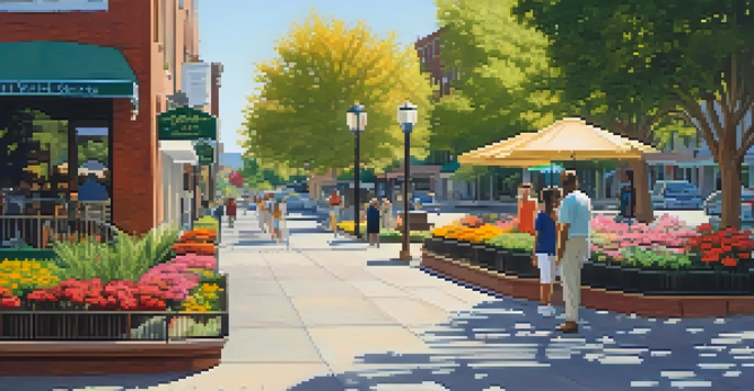 A lively neighborhood street with people walking, trees lining the sidewalks, and small shops.