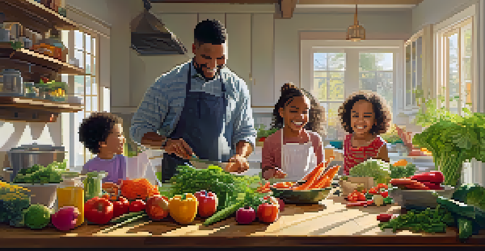 A joyful family cooking together in a bright kitchen, with colorful ingredients and sunlight illuminating their smiles.
