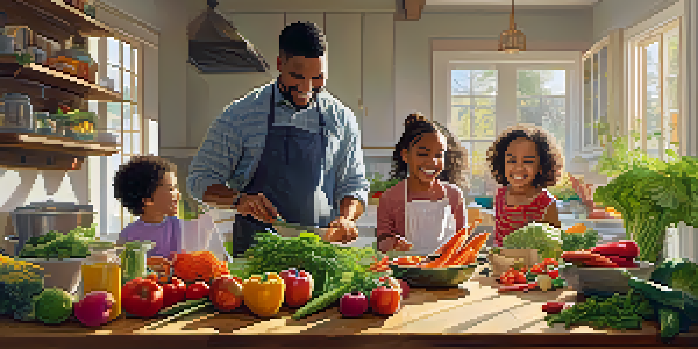 A joyful family cooking together in a bright kitchen, with colorful ingredients and sunlight illuminating their smiles.