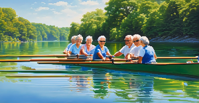 A group of diverse seniors happily participating in adaptive rowing on a calm lake, surrounded by nature.