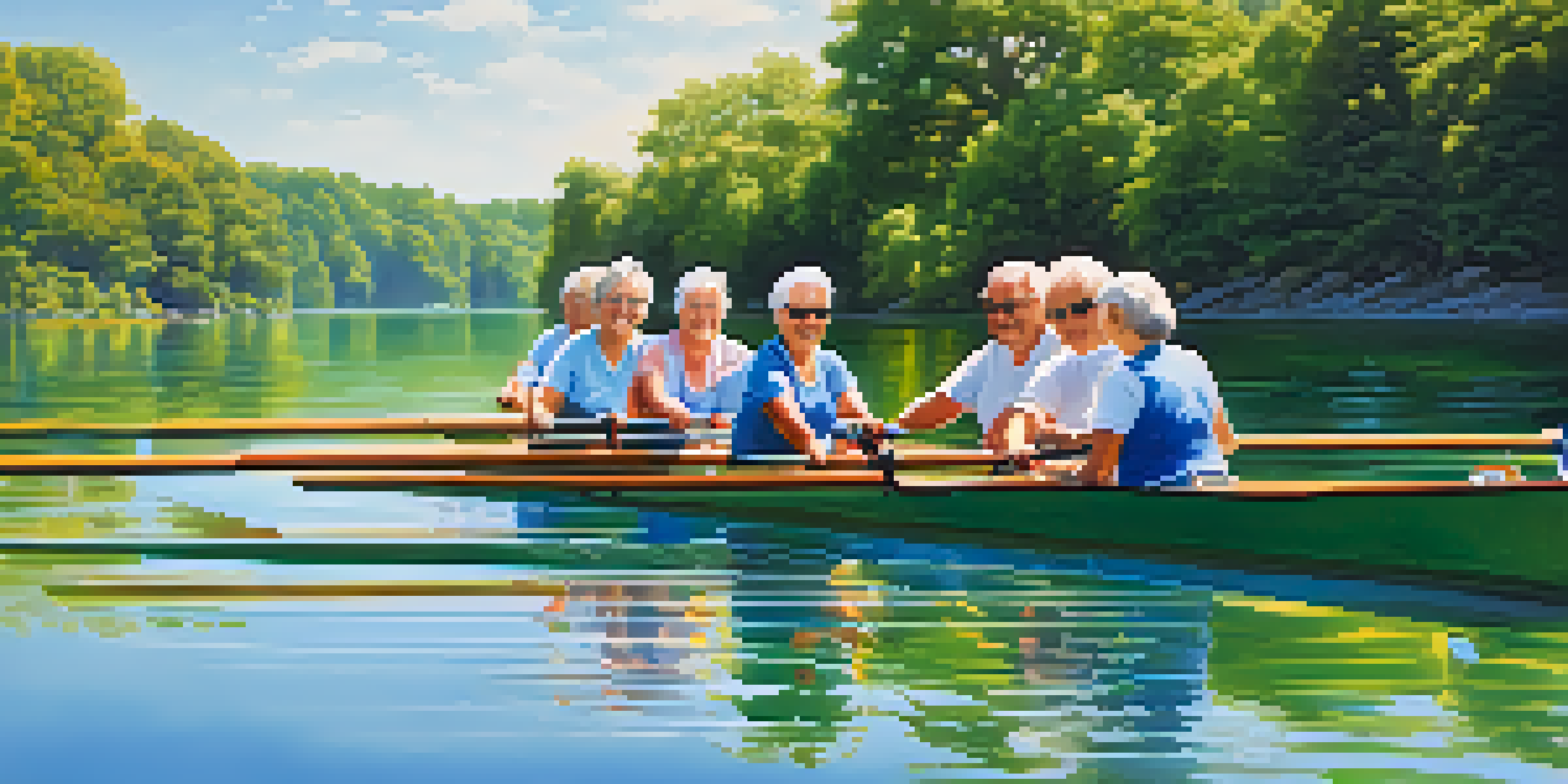 A group of diverse seniors happily participating in adaptive rowing on a calm lake, surrounded by nature.