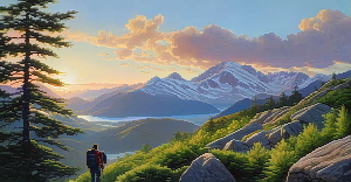 A hiker stands on a rocky hilltop at sunrise, overlooking a colorful sky with mountains in the background.