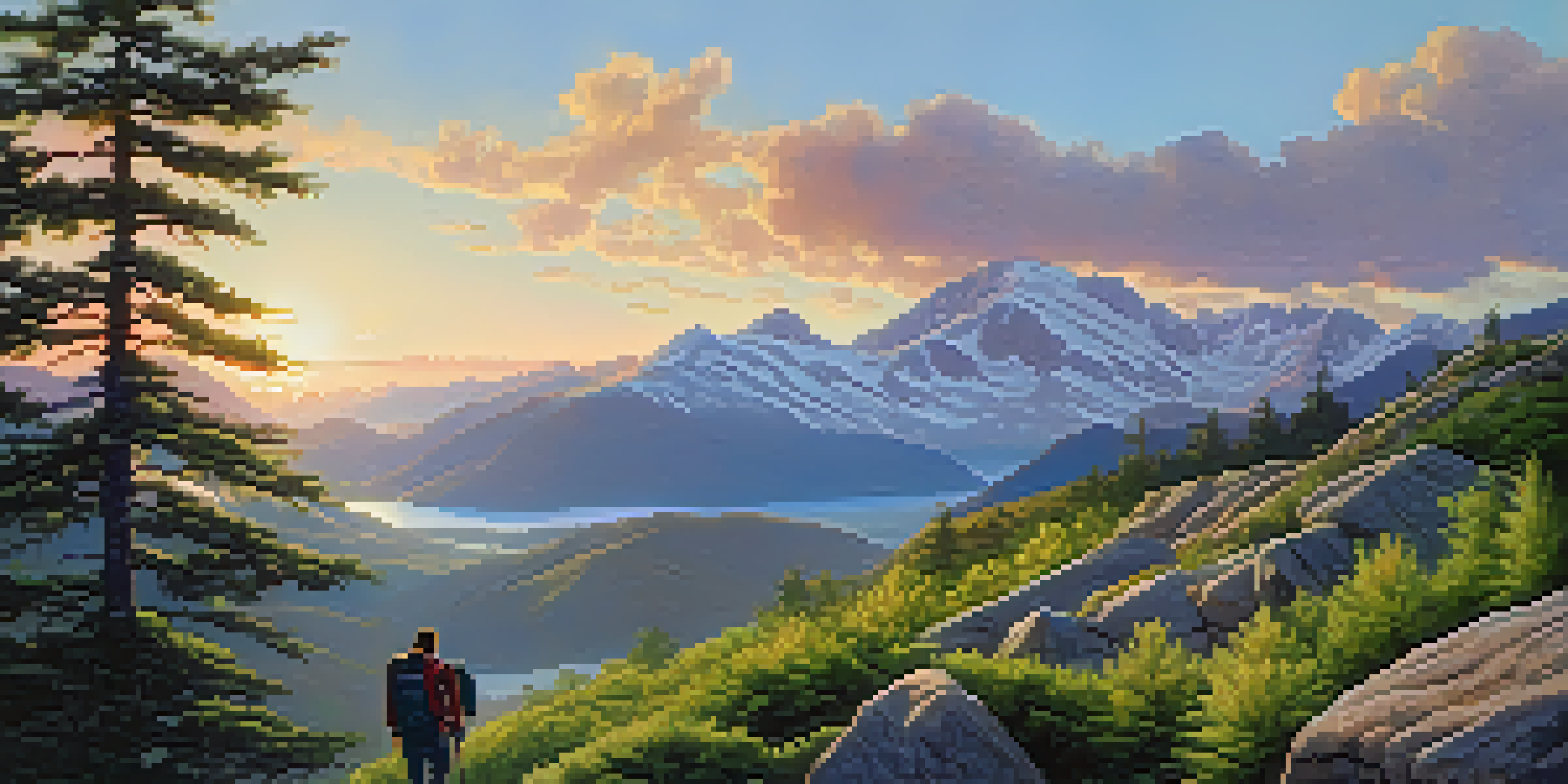 A hiker stands on a rocky hilltop at sunrise, overlooking a colorful sky with mountains in the background.