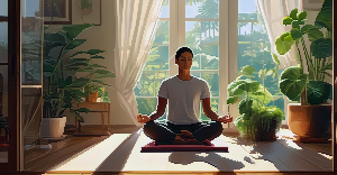 A person meditating in a bright room filled with plants, with a digital device showing a mental health app next to them.