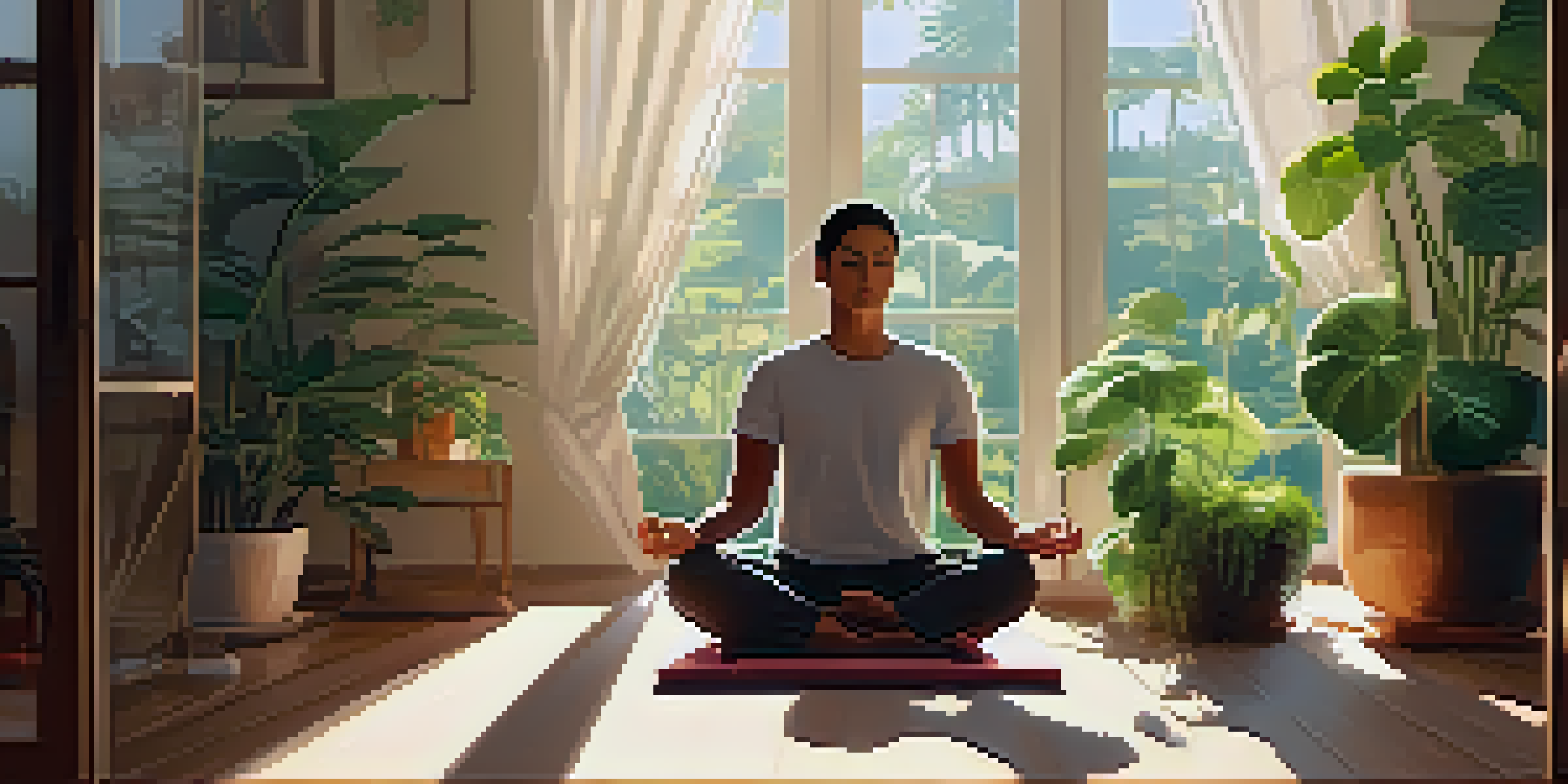 A person meditating in a bright room filled with plants, with a digital device showing a mental health app next to them.
