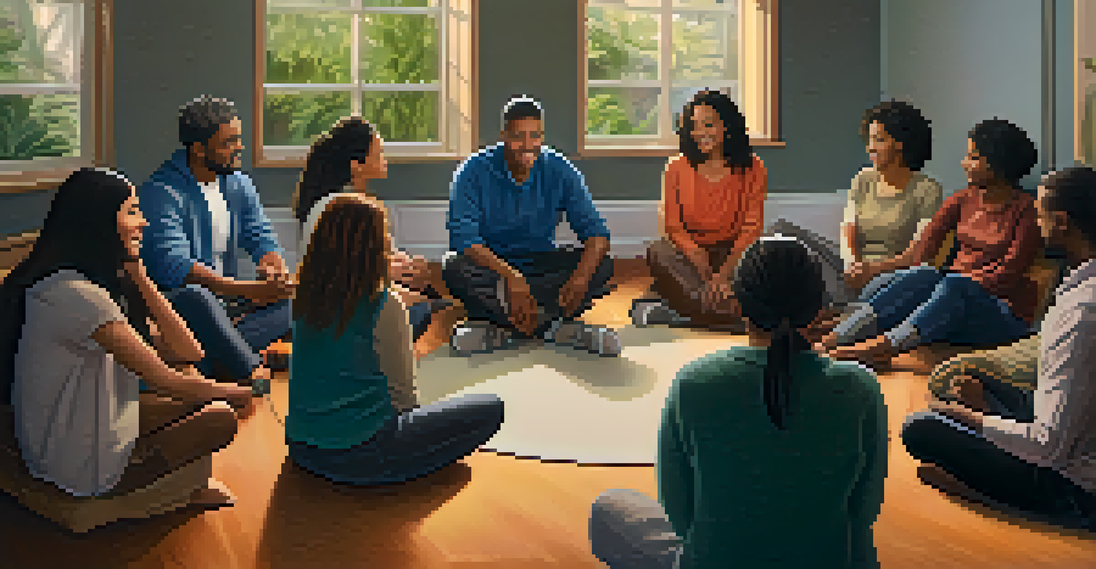 A group of diverse individuals sitting together in a circle, sharing stories and supporting one another in a warm, inviting room.