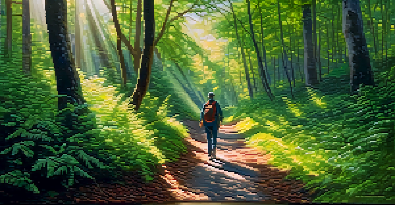 A person hiking through a green forest trail, enjoying nature away from technology.