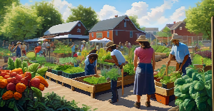 A community garden with diverse plants and community members working together under the sun.