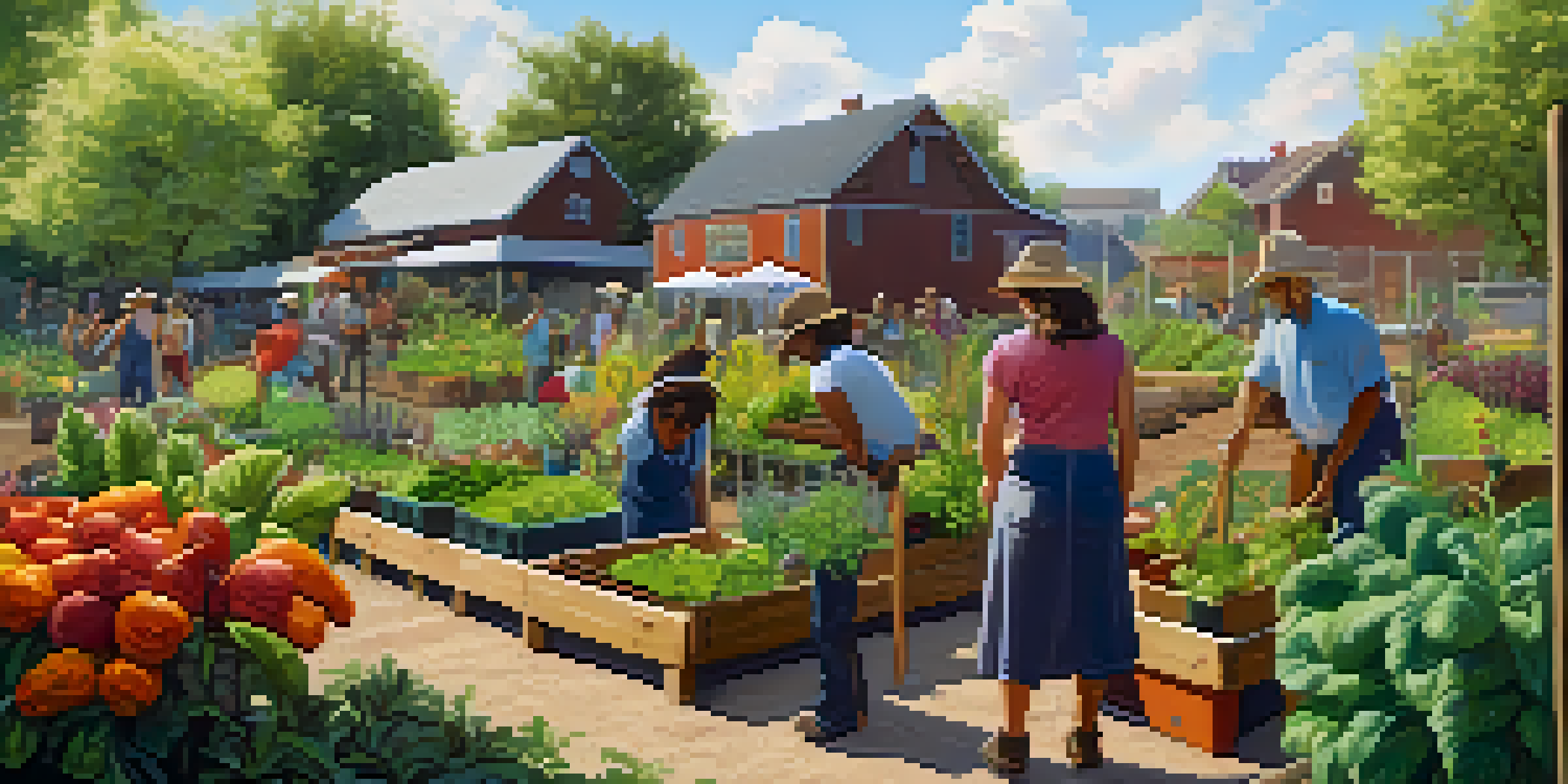A community garden with diverse plants and community members working together under the sun.