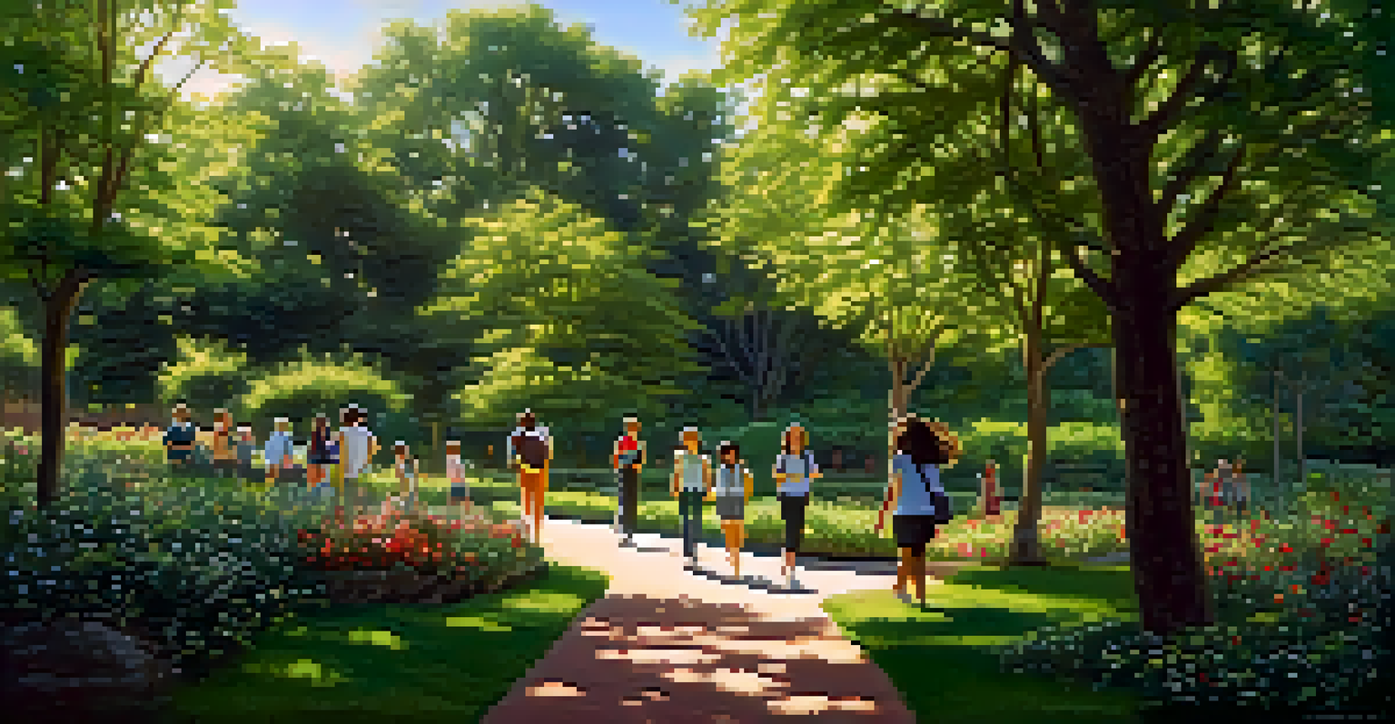 A teacher and students walking mindfully through a garden, focusing on nature, with sunlight filtering through trees.