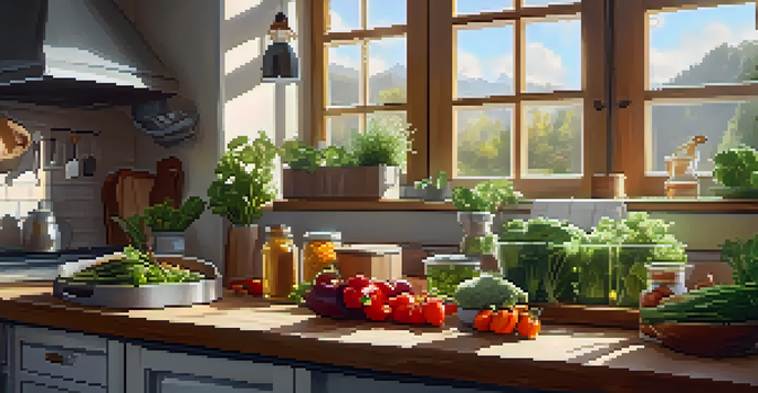 A well-organized kitchen countertop with fresh vegetables and meal prep containers, illuminated by warm sunlight.