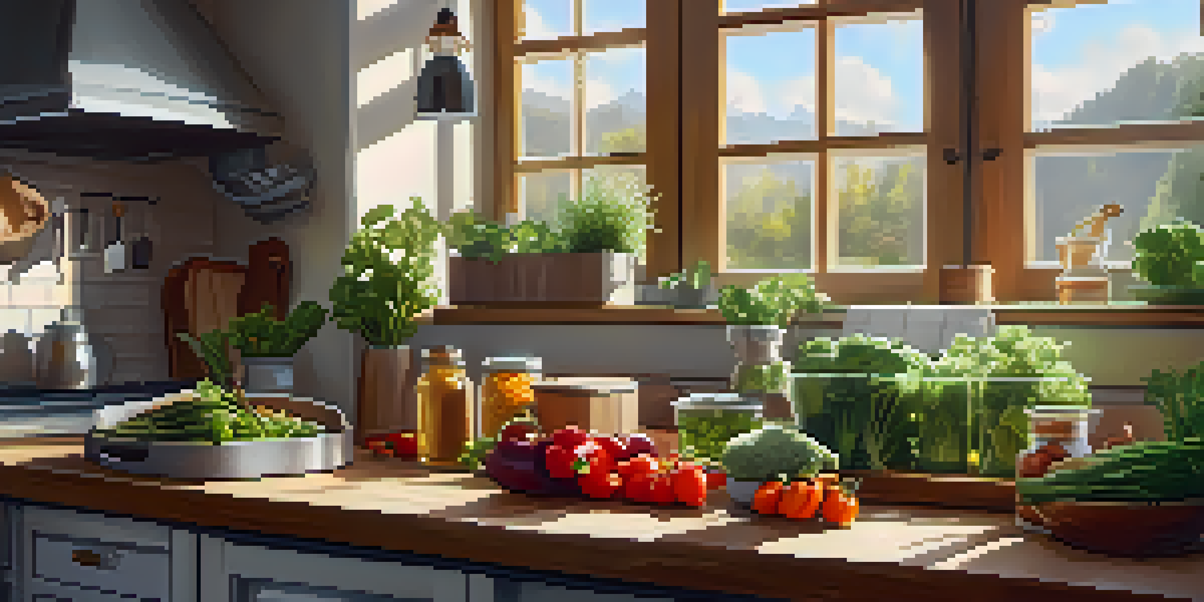A well-organized kitchen countertop with fresh vegetables and meal prep containers, illuminated by warm sunlight.