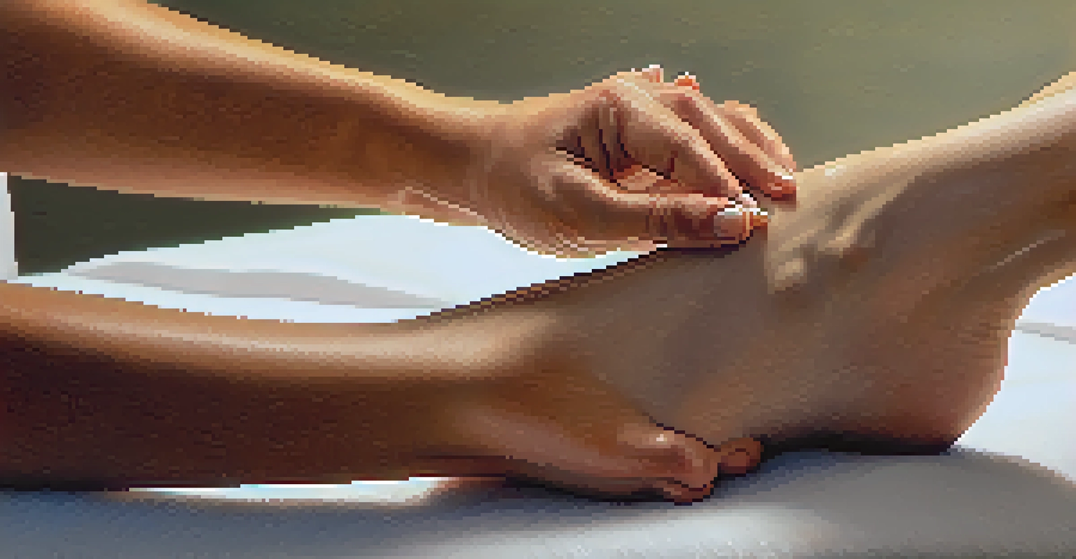 A close-up of a physical therapist's hands providing manual therapy to a patient's foot, highlighting the textures and gentle care.