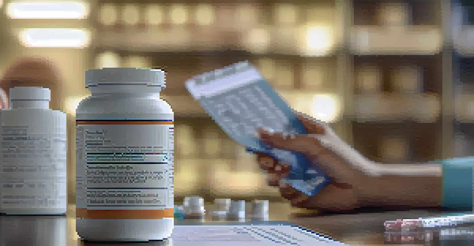 A healthcare professional closely examining a supplement label while holding a bottle, with notes in the background.