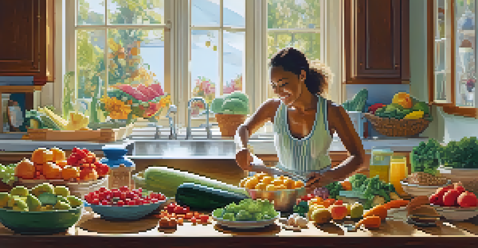 A colorful kitchen scene with fresh ingredients for a balanced meal, illuminated by morning light.
