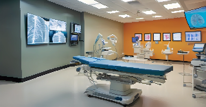 A bright and modern sports medicine clinic with advanced imaging equipment and a healthcare professional consulting an athlete.