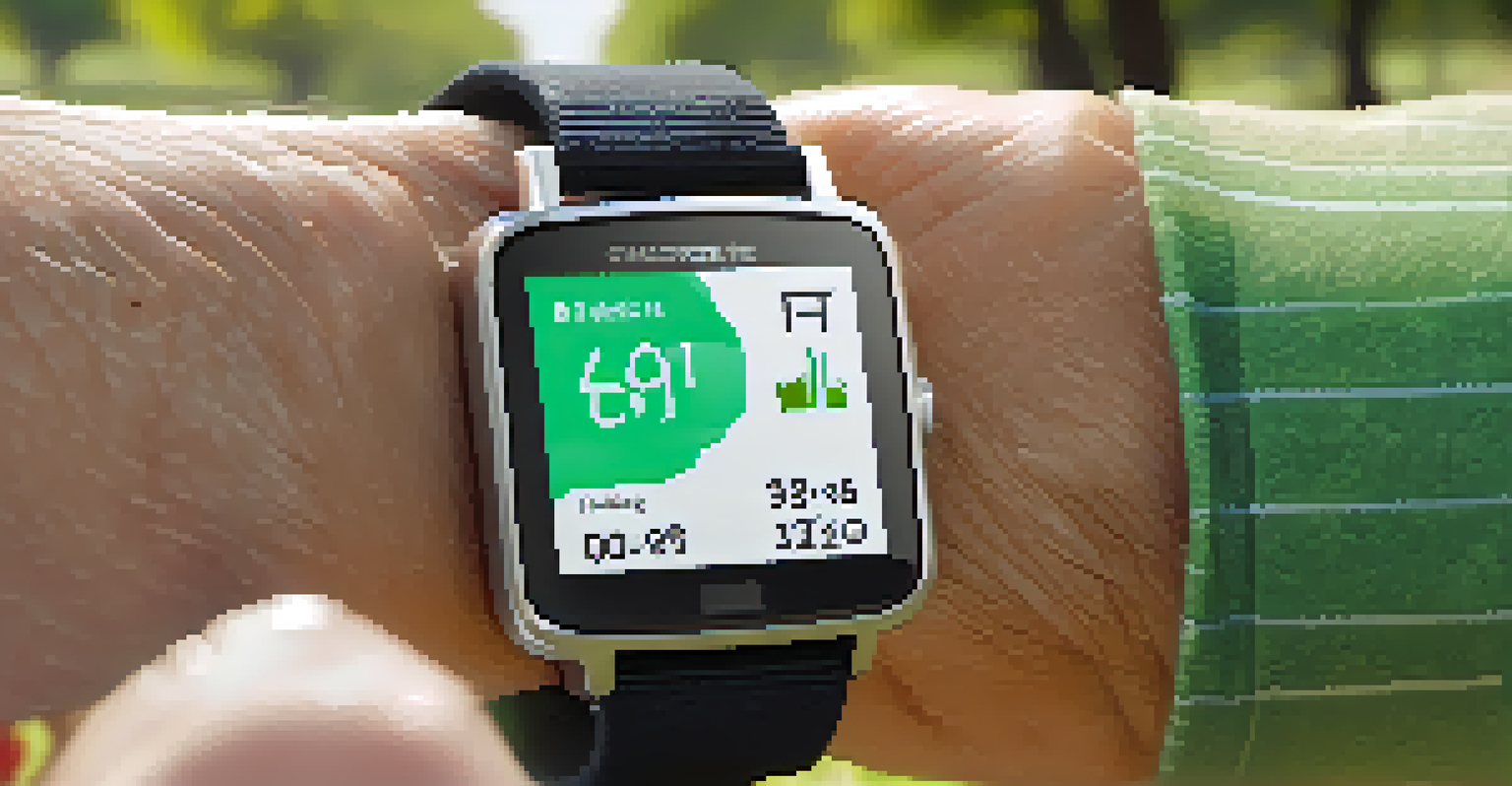 A close-up of a smartwatch on an elderly person's wrist, showing health metrics against a sunny park backdrop, promoting an active lifestyle.