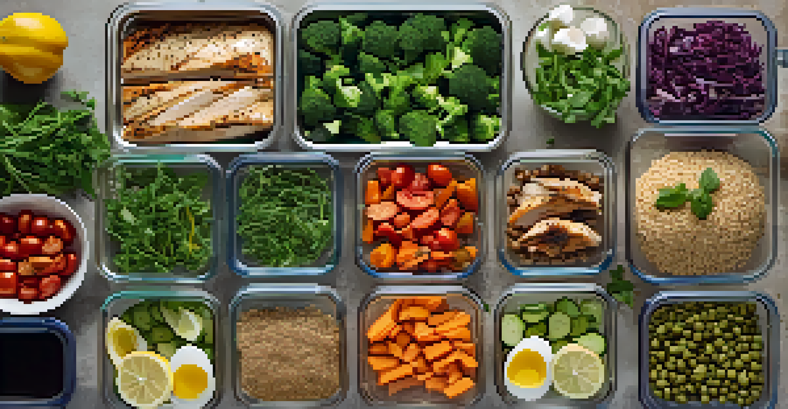 An overhead view of a meal prep table with organized containers filled with allergy-friendly ingredients and fresh herbs.