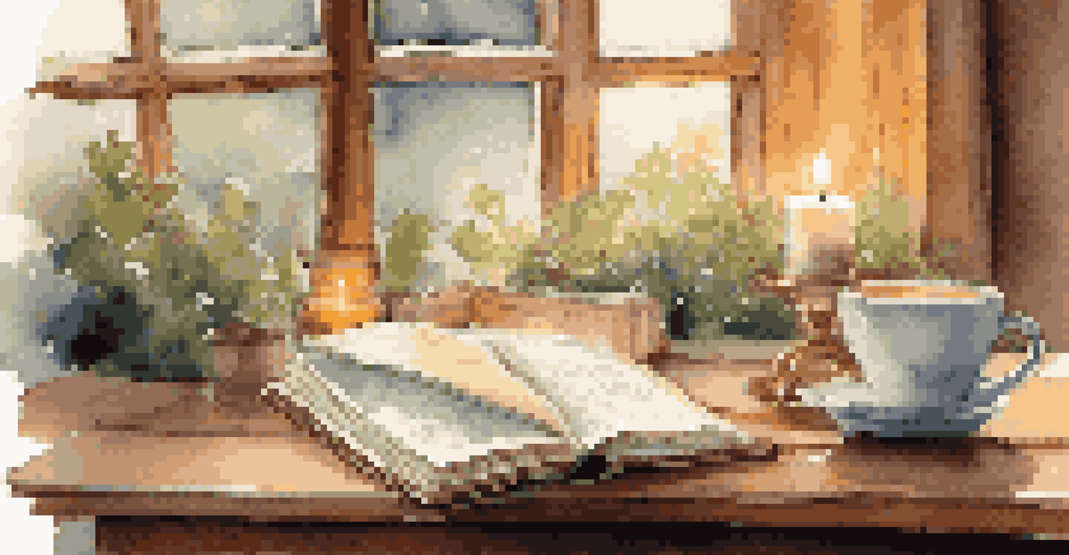 A warm cup of tea, an open journal, and a lit candle on a wooden table, with a garden view in the background.