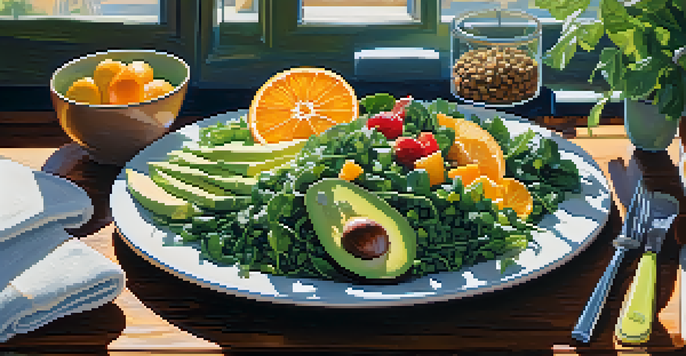 A colorful plate filled with folate-rich foods such as leafy greens, avocados, oranges, and lentils, arranged on a wooden table with natural sunlight.