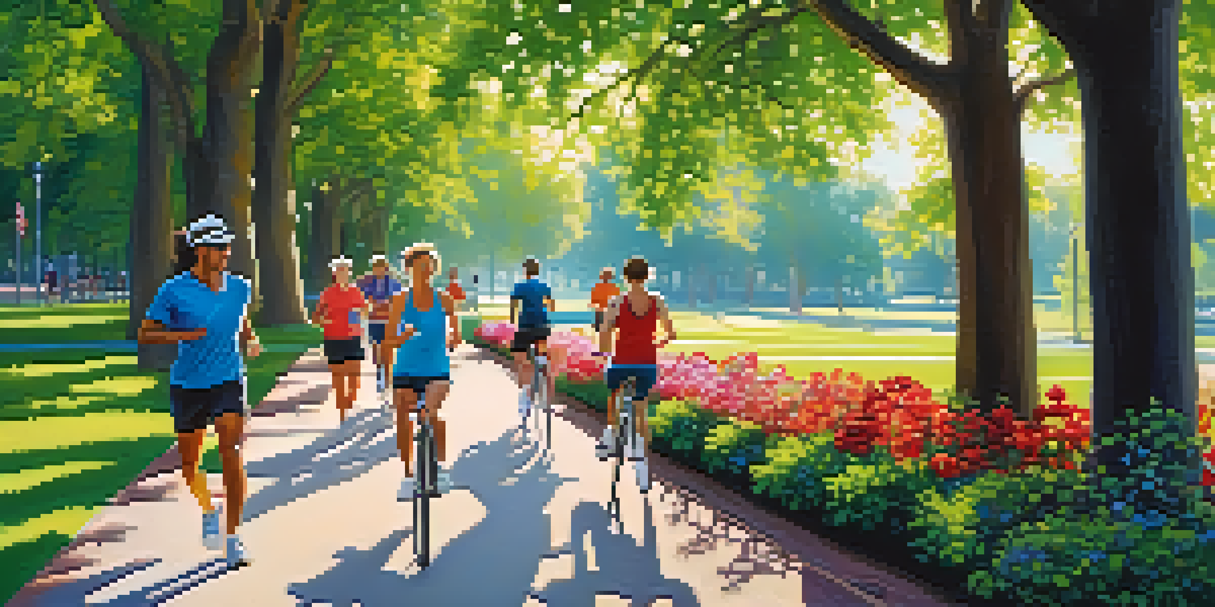 A vibrant park filled with diverse individuals participating in aerobic exercises like jogging and cycling amidst lush greenery and flowers under a clear blue sky.