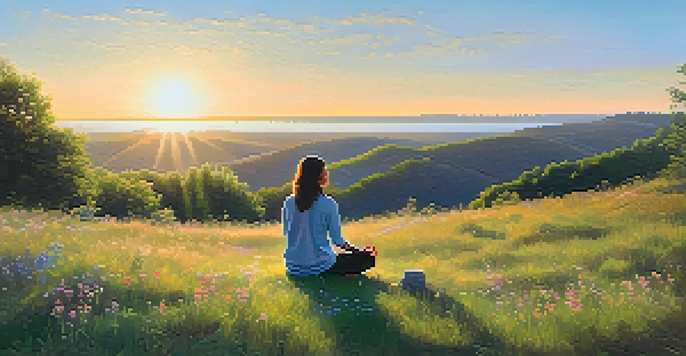 A person meditating on a grassy hilltop at sunrise, surrounded by wildflowers and soft sunlight.