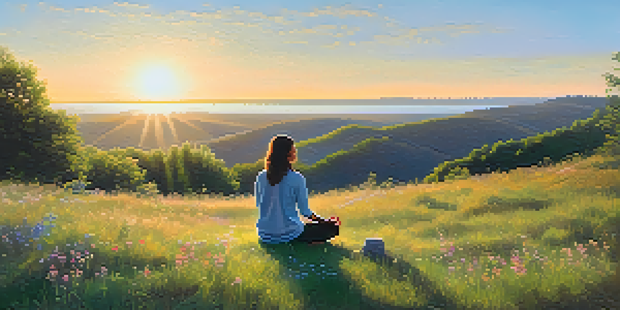 A person meditating on a grassy hilltop at sunrise, surrounded by wildflowers and soft sunlight.
