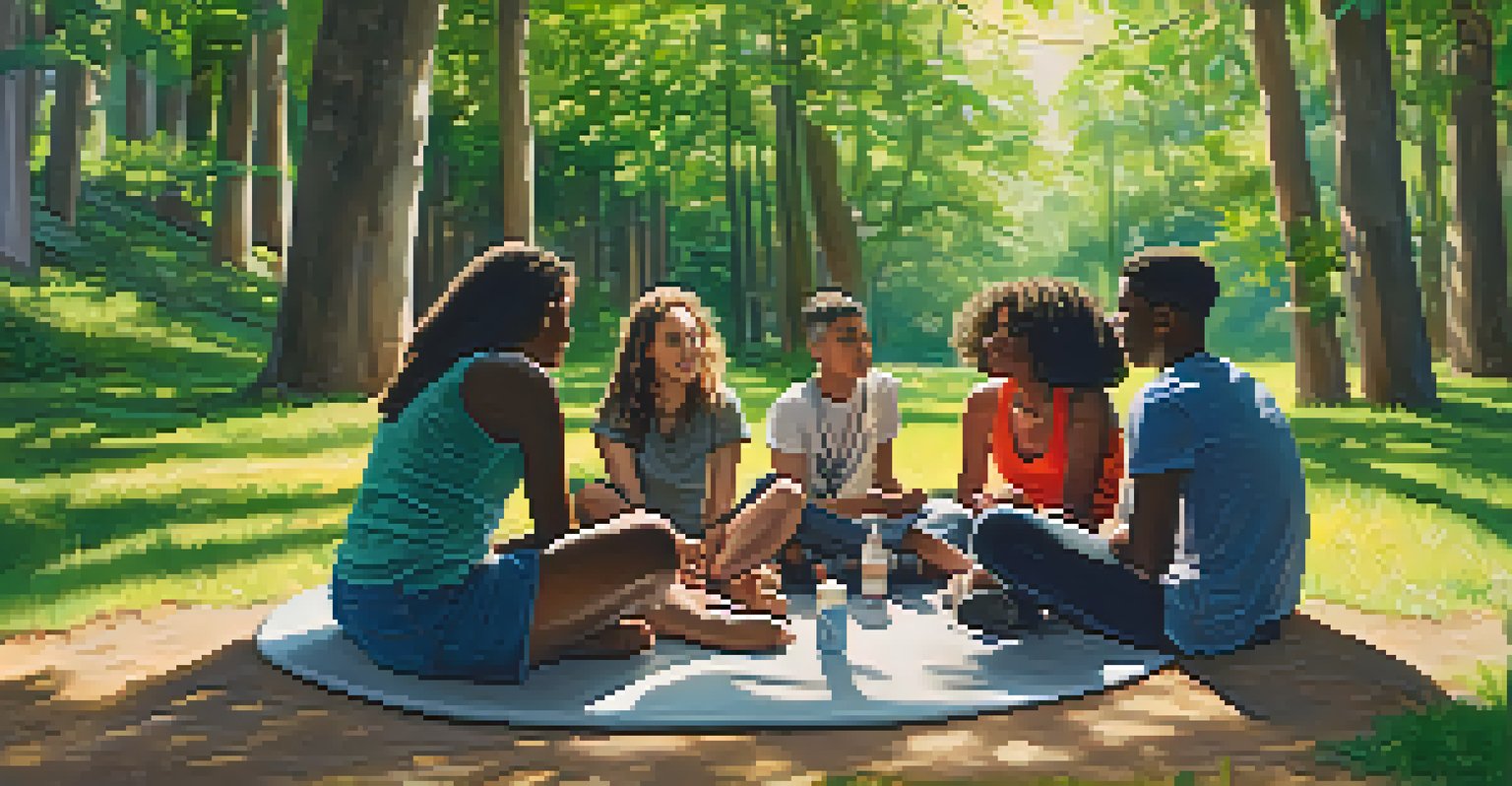 A diverse group of young people sharing stories about mental health in a supportive outdoor setting.