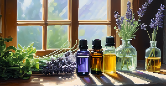 A cozy home setting with a diffuser and essential oil bottles, illuminated by soft morning light.