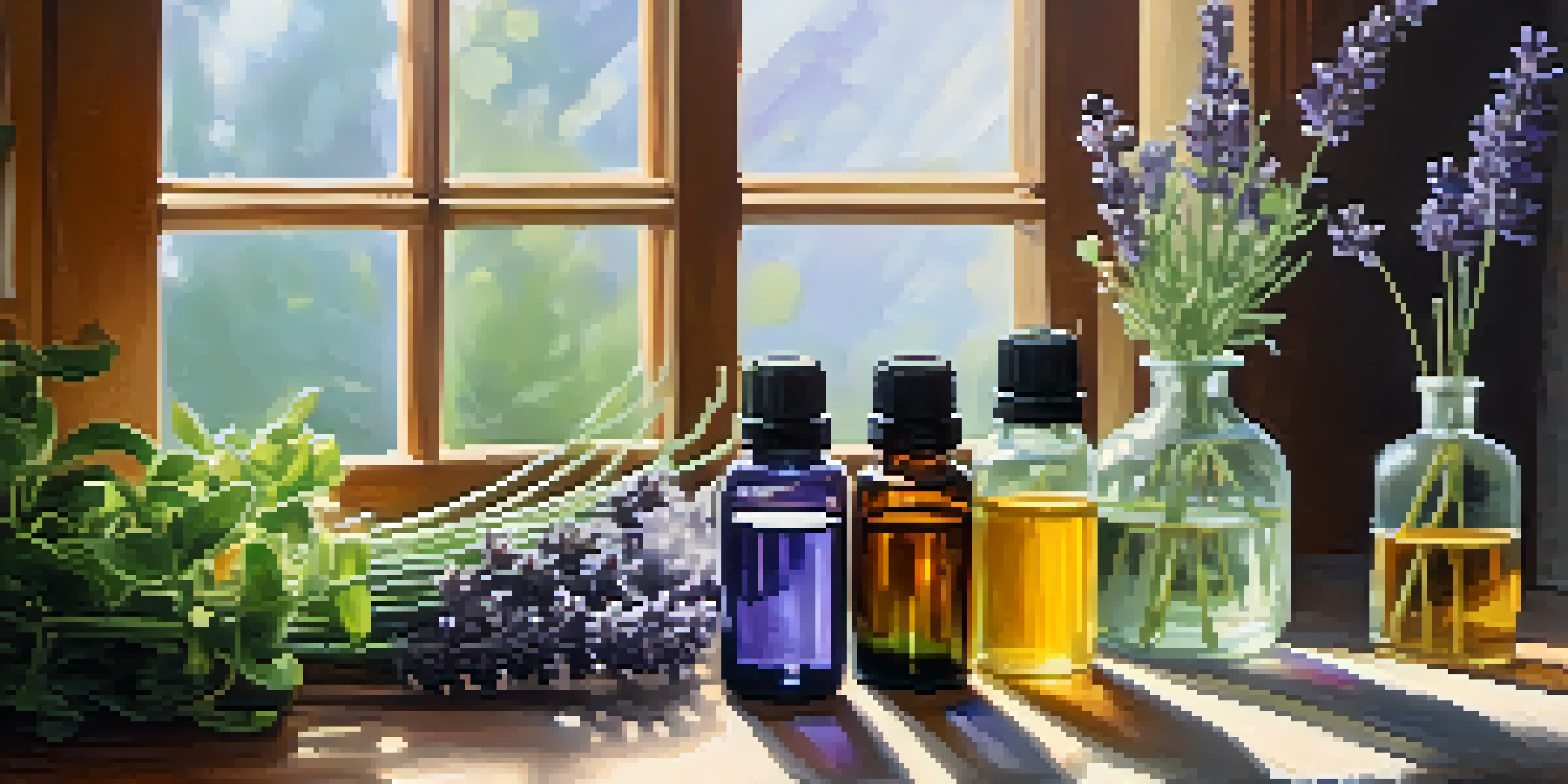A cozy home setting with a diffuser and essential oil bottles, illuminated by soft morning light.