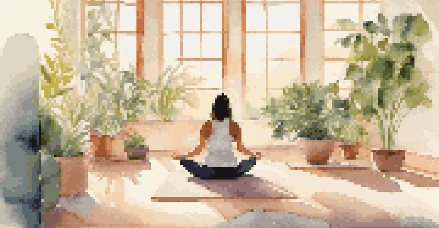 A woman practicing mindfulness in a sunlit yoga studio, seated in a meditative pose with plants and cushions around her.