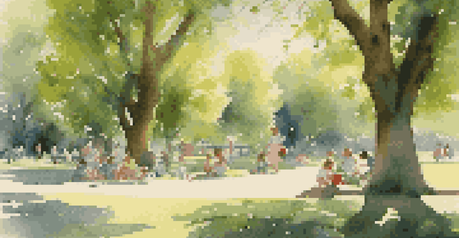 A sunny summer day in a park with blooming flowers, children playing, and people having a picnic.