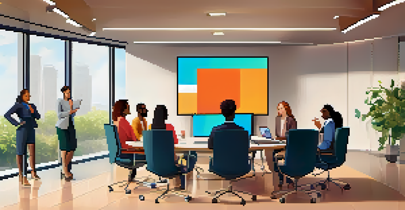 Diverse employees participating in a virtual meeting in a modern conference room, with a collaborative atmosphere.