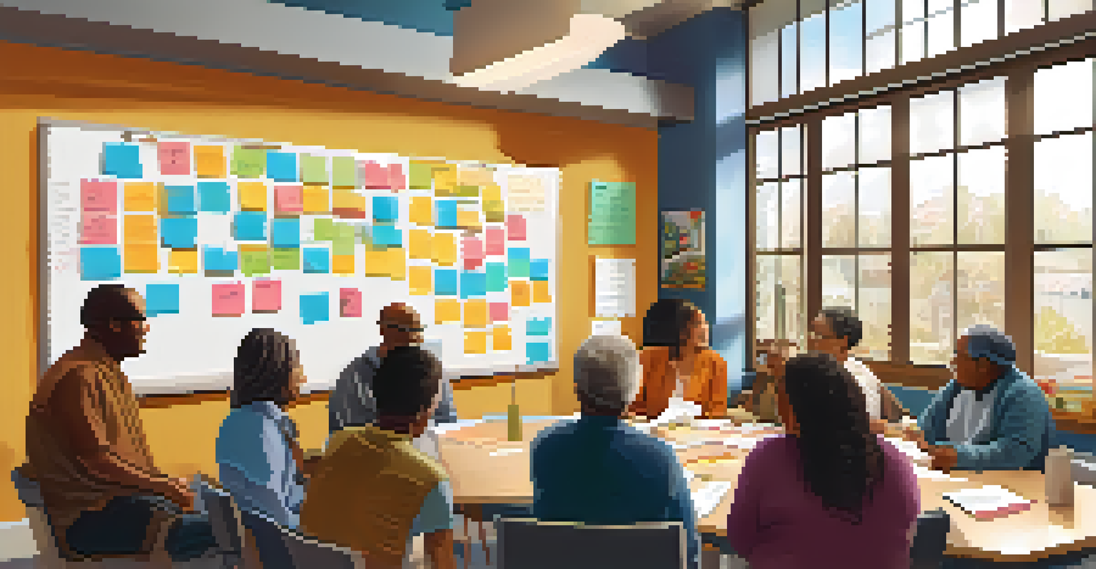 A community meeting room where residents discuss health initiatives, surrounded by notes and charts, with natural light enhancing the atmosphere.