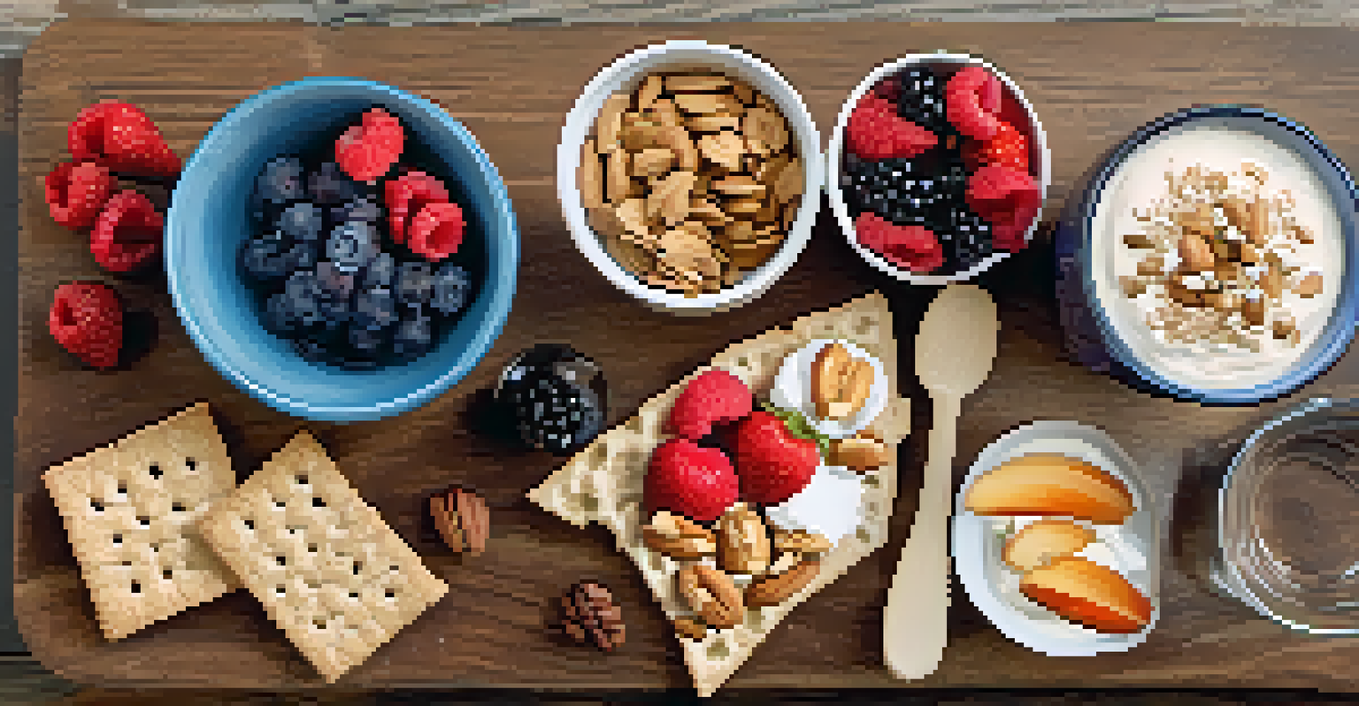 An overhead view of healthy snacks including nuts, Greek yogurt with berries, and whole-grain crackers with hummus, arranged on a wooden board.