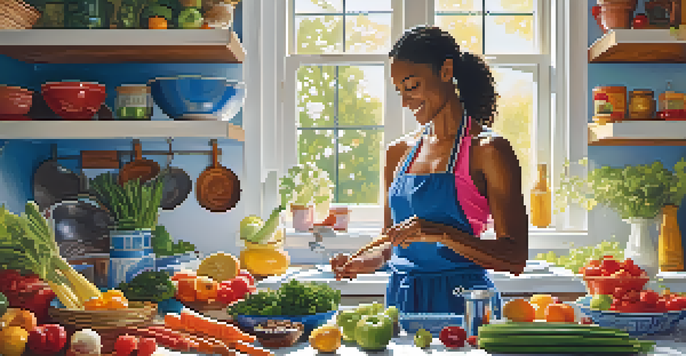 An athlete joyfully preparing a colorful meal in a bright kitchen filled with fresh ingredients.