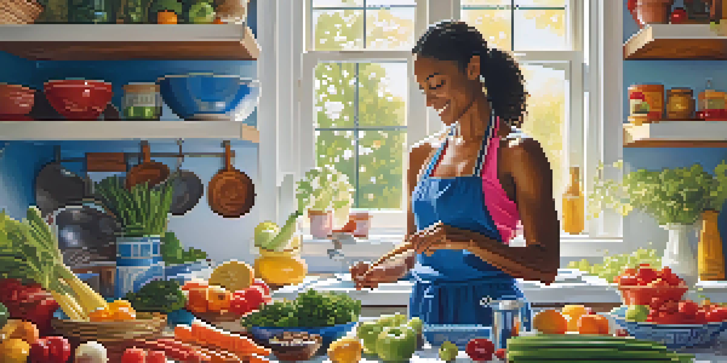 An athlete joyfully preparing a colorful meal in a bright kitchen filled with fresh ingredients.