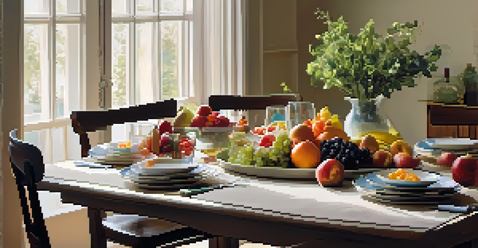 A beautifully arranged dining table with fruits and vegetables, candles, and a floral centerpiece in a calm and inviting setting.